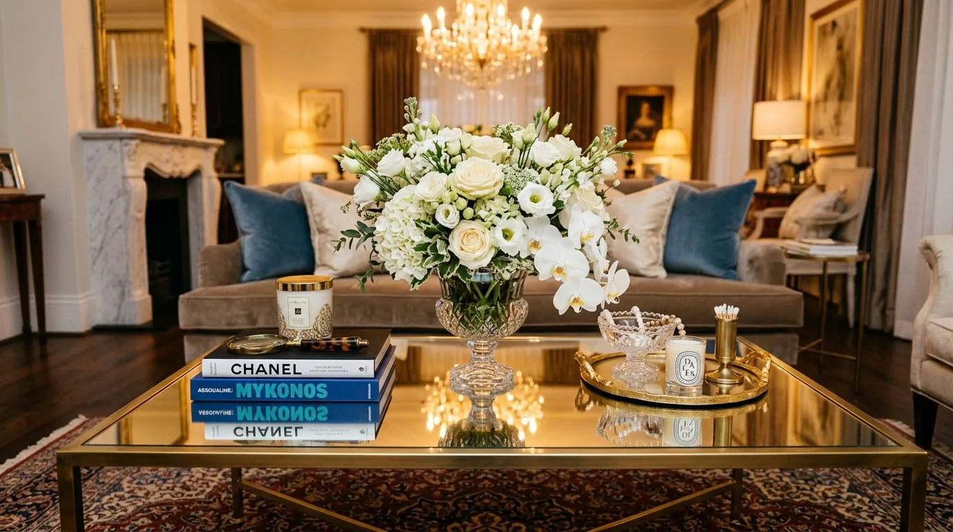 Repeat colors already used in the room inspiration for a coffee table centerpiece.